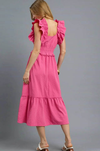 Umgee V-Neck Ruffled Cap Sleeve Midi Dress - Just Believe Boutique