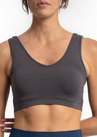 Charcoal V-neck sports bra with wide straps, smooth elastic hem