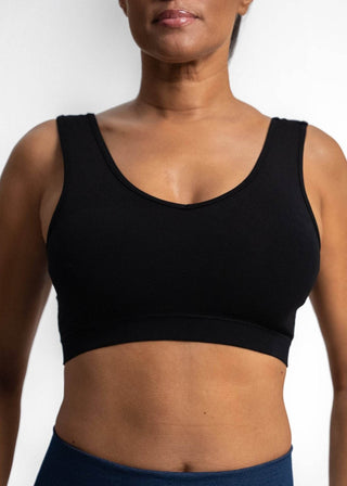 Navy V-neck sports bra with wide straps and smooth underband