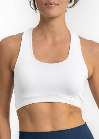 White V-neck sports bra with smooth underband and wide straps