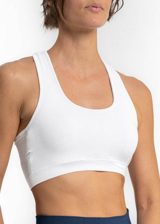 White V-neck sports bra with wide straps, close-up front view