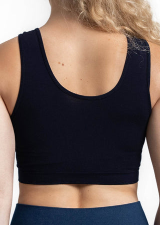 Navy V-neck bra with racerback straps, close back view