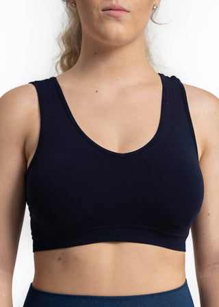 Navy V-neck sports bra with wide straps, smooth underband