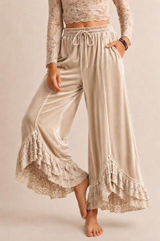 Velvet lace ruffle hem wide leg drawstring pants in champagne