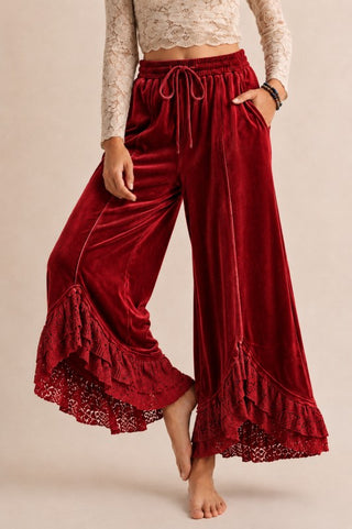 Velvet lace ruffle hem wide leg drawstring pants in red