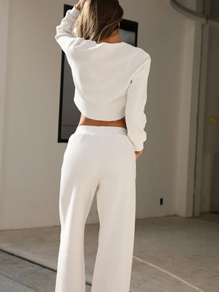 Waffle - Knit Round Neck Top and Pants Set - Just Believe Boutique