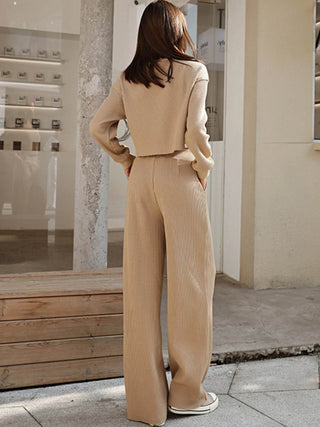 Waffle-Knit Round Neck Top and Pants Set - Just Believe Boutique