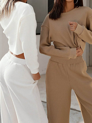 Waffle - Knit Round Neck Top and Pants Set - Just Believe Boutique