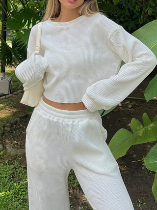 Waffle - Knit Round Neck Top and Pants Set - Just Believe Boutique