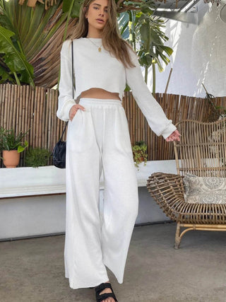 Waffle - Knit Round Neck Top and Pants Set - Just Believe Boutique