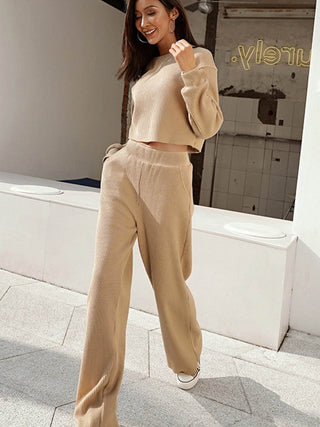 Waffle-Knit Round Neck Top and Pants Set - Just Believe Boutique