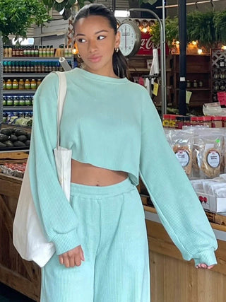 Waffle-Knit Round Neck Top and Pants Set - Just Believe Boutique