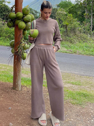 Waffle-Knit Round Neck Top and Pants Set - Just Believe Boutique