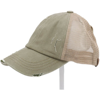 Washed Denim Criss Cross High Pony CC Ball Cap - Just Believe Boutique