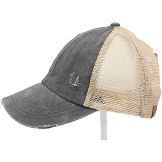 Washed Denim Criss Cross High Pony CC Ball Cap - Just Believe Boutique