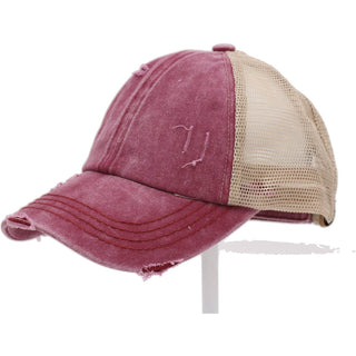 Washed Denim Criss Cross High Pony CC Ball Cap - Just Believe Boutique