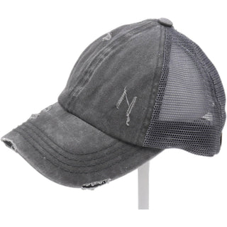 Washed Denim Criss Cross High Pony CC Ball Cap - Just Believe Boutique