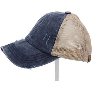 Washed Denim Criss Cross High Pony CC Ball Cap - Just Believe Boutique