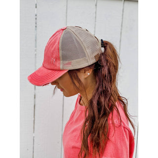 Washed Denim Criss Cross High Pony CC Ball Cap - Just Believe Boutique