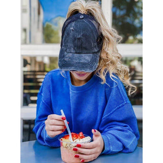 Washed Denim Criss Cross High Pony CC Ball Cap - Just Believe Boutique