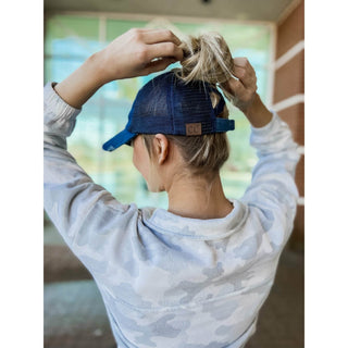 Washed Denim Criss Cross High Pony CC Ball Cap - Just Believe Boutique