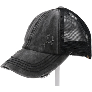 Washed Denim Criss Cross High Pony CC Ball Cap - Just Believe Boutique