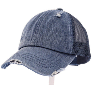 Washed Denim Criss Cross High Pony CC Ball Cap - Just Believe Boutique