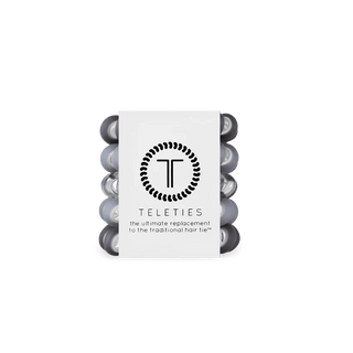 Teleties tiny hair ties in dark gray, shown with display card