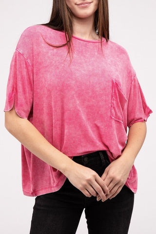 Washed Ribbed Cuffed Short Sleeve Round Neck Top - Just Believe Boutique