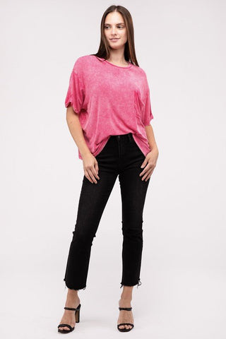 Washed Ribbed Cuffed Short Sleeve Round Neck Top - Just Believe Boutique