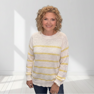 White and Yellow Stripe Crew Neck Sweater - Image 1