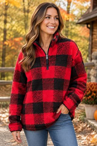 Woman smiling while wearing the buffalo plaid quarter-zip pullover