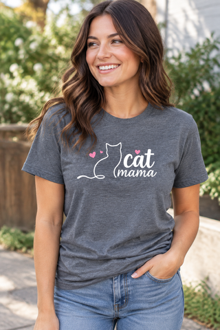 Woman smiling while wearing the Cat Mom Tee
