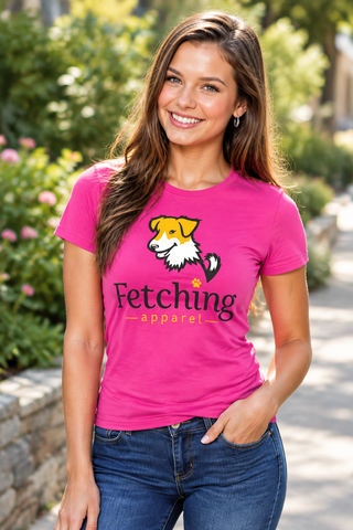 Woman wearing a pink Fetching fitted tee with the rescue dog graphic