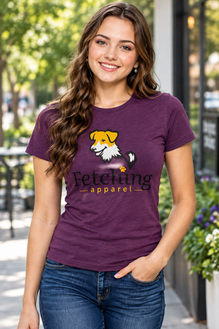 Woman wearing a plum Fetching fitted tee with the rescue dog graphic