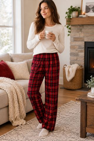 Woman wearing red and black plaid flannel pajama pants
