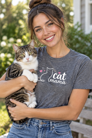 Woman wearing the Cat Mom Tee while holding a cat
