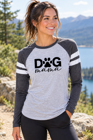 Woman wearing the Dog Mama Baseball Tee
