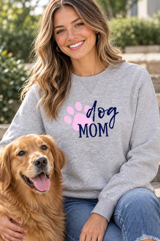 Woman wearing the heather gray Dog Mom Sweatshirt
