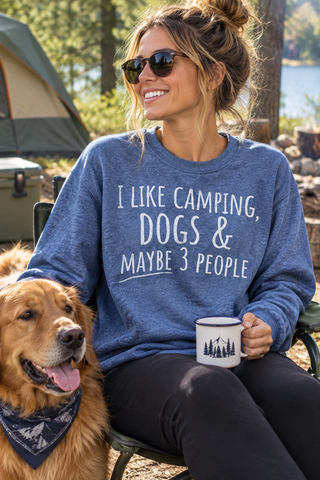 Woman wearing the I Like Camping, Dogs & Maybe 3 People Sweatshirt