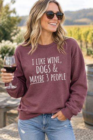 Woman wearing the I Like Wine, Dogs & Maybe 3 People Sweatshirt