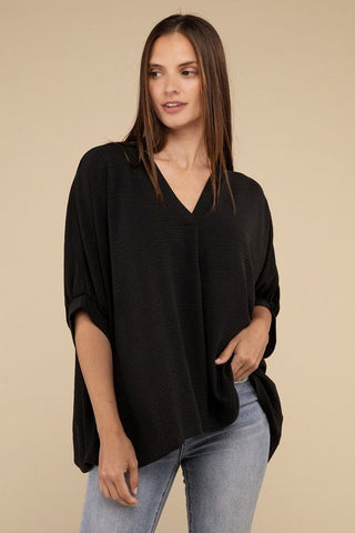 Woven Airflow V - Neck Puff Half Sleeve Top - Just Believe Boutique