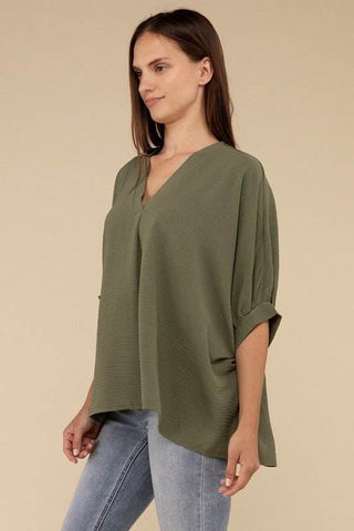 Woven Airflow V - Neck Puff Half Sleeve Top - Just Believe Boutique