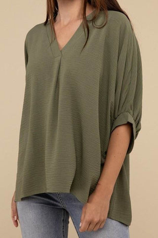 Woven Airflow V - Neck Puff Half Sleeve Top - Just Believe Boutique