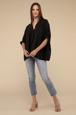 Woven Airflow V - Neck Puff Half Sleeve Top - Just Believe Boutique
