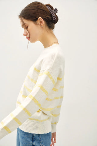 WHITE AND YELLOW STRIPE CREW NECK SWEATER