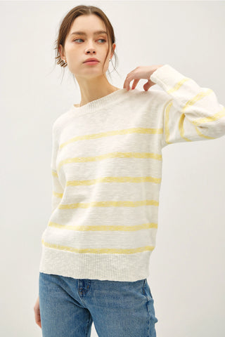 WHITE AND YELLOW STRIPE CREW NECK SWEATER