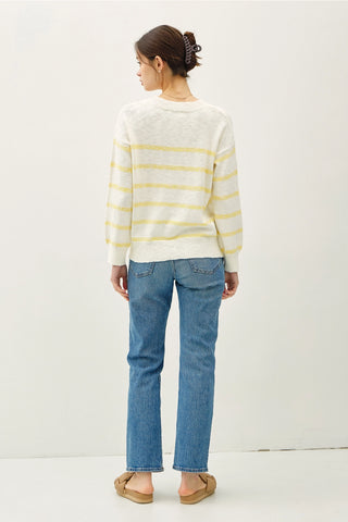WHITE AND YELLOW STRIPE CREW NECK SWEATER