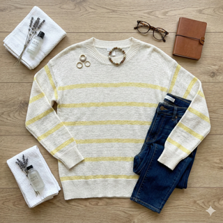 WHITE AND YELLOW STRIPE CREW NECK SWEATER