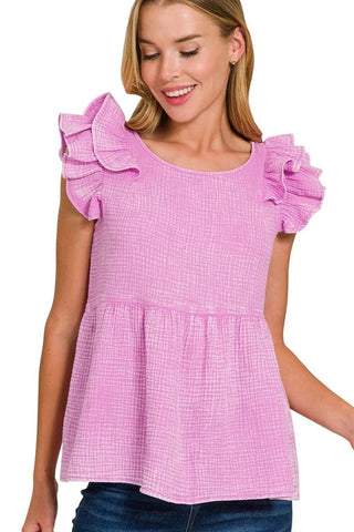 Zenana Double Gauze Acid Washed Tiered Ruffle Peplum Top - Just Believe Boutique